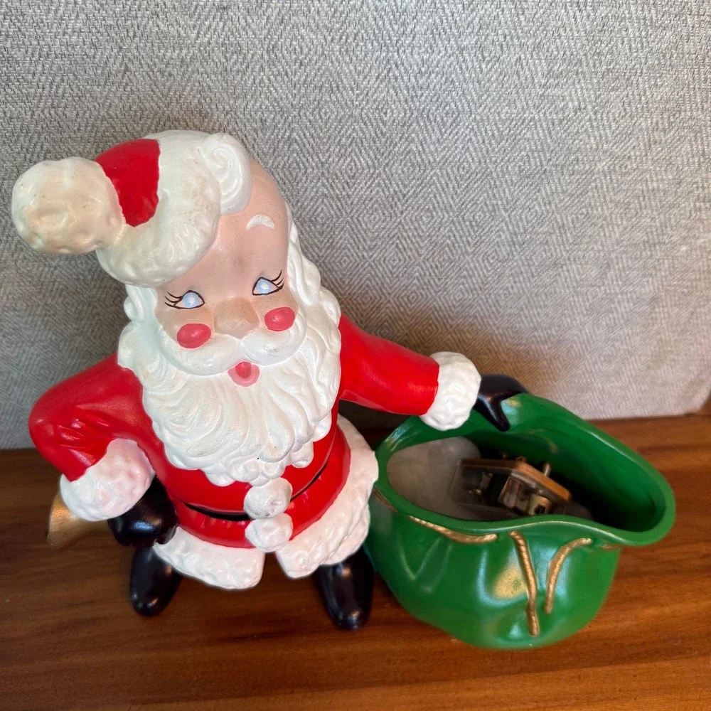 Vintage 1981 Ceramic Musical Santa Claus Figurine‎ Green Toy Bag Planter Dish